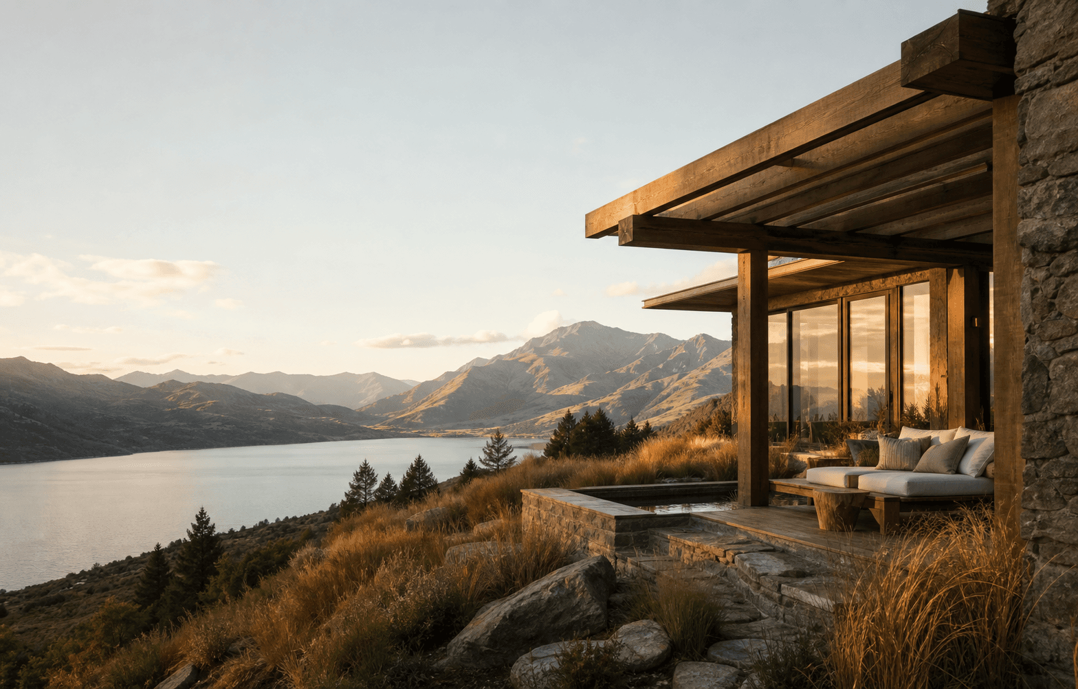 A warm alpine lodge terrace overlooking a lake and mountain valley