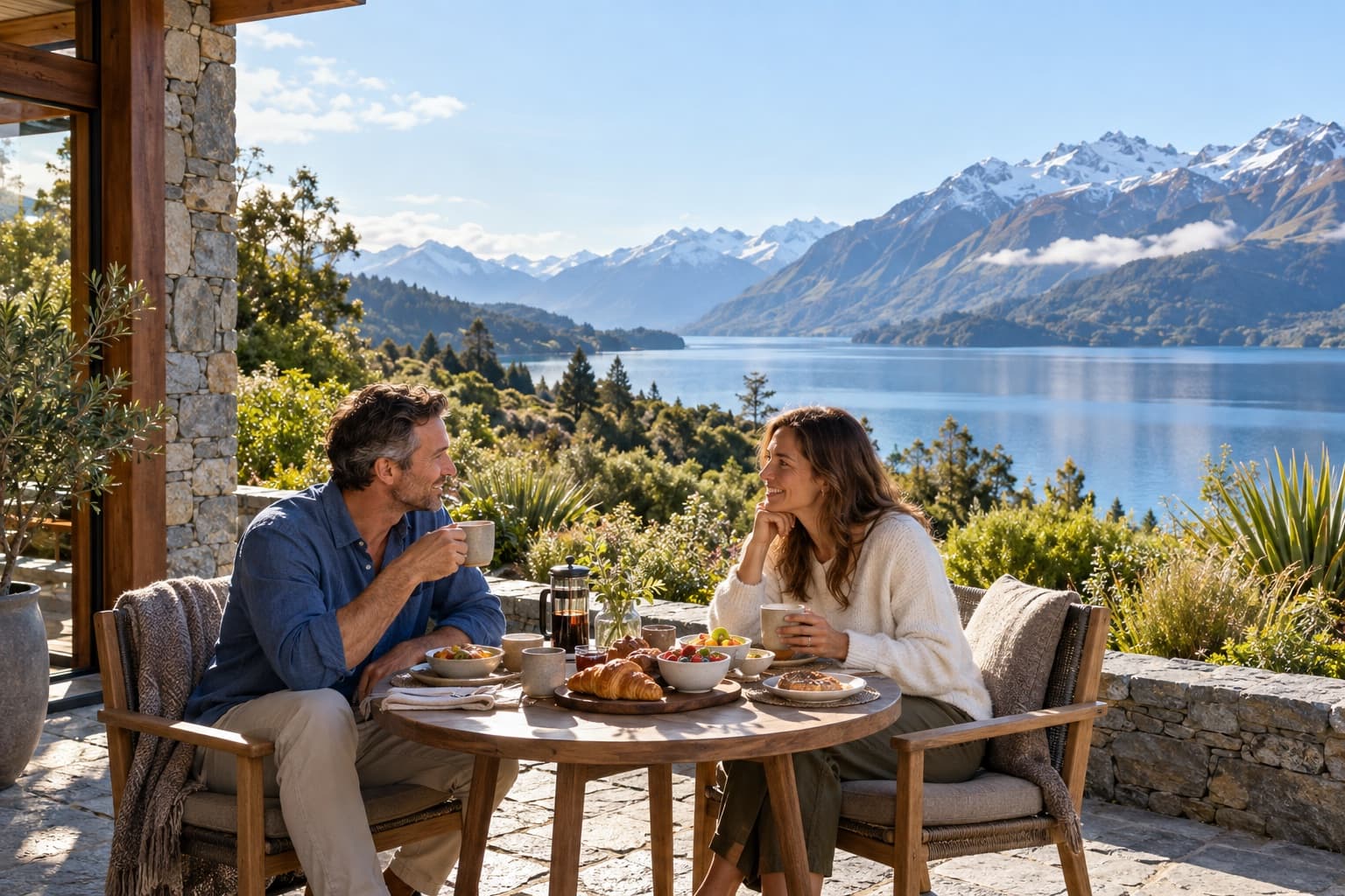 Illustrative scene of two guests enjoying breakfast beside a mountain lake