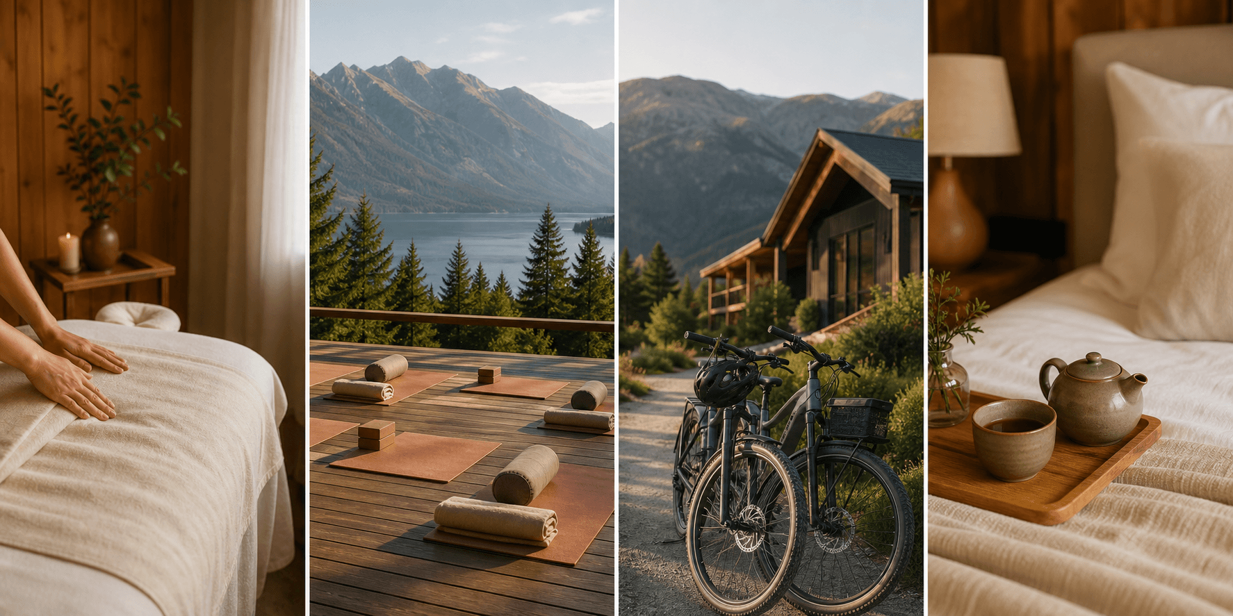 Collage of stay moments: treatment room, retreat deck, bicycles by a lodge, and a tea service